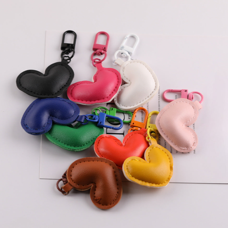PU Leather Puffy Heart Keychain Charm Bag Pendant - Black