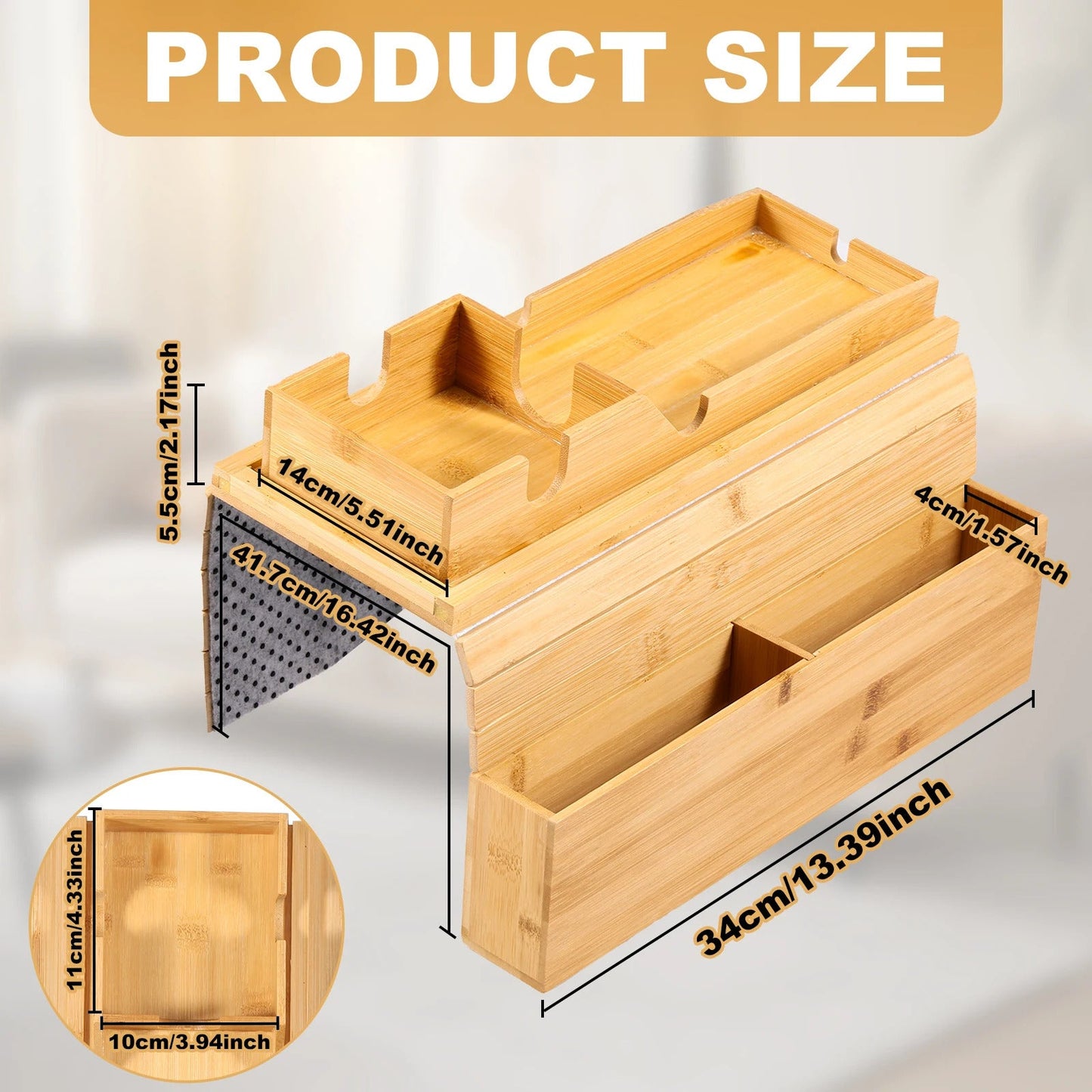 Bamboo Anti-Slip Couch Cup Holder Sofa Armrest Tray