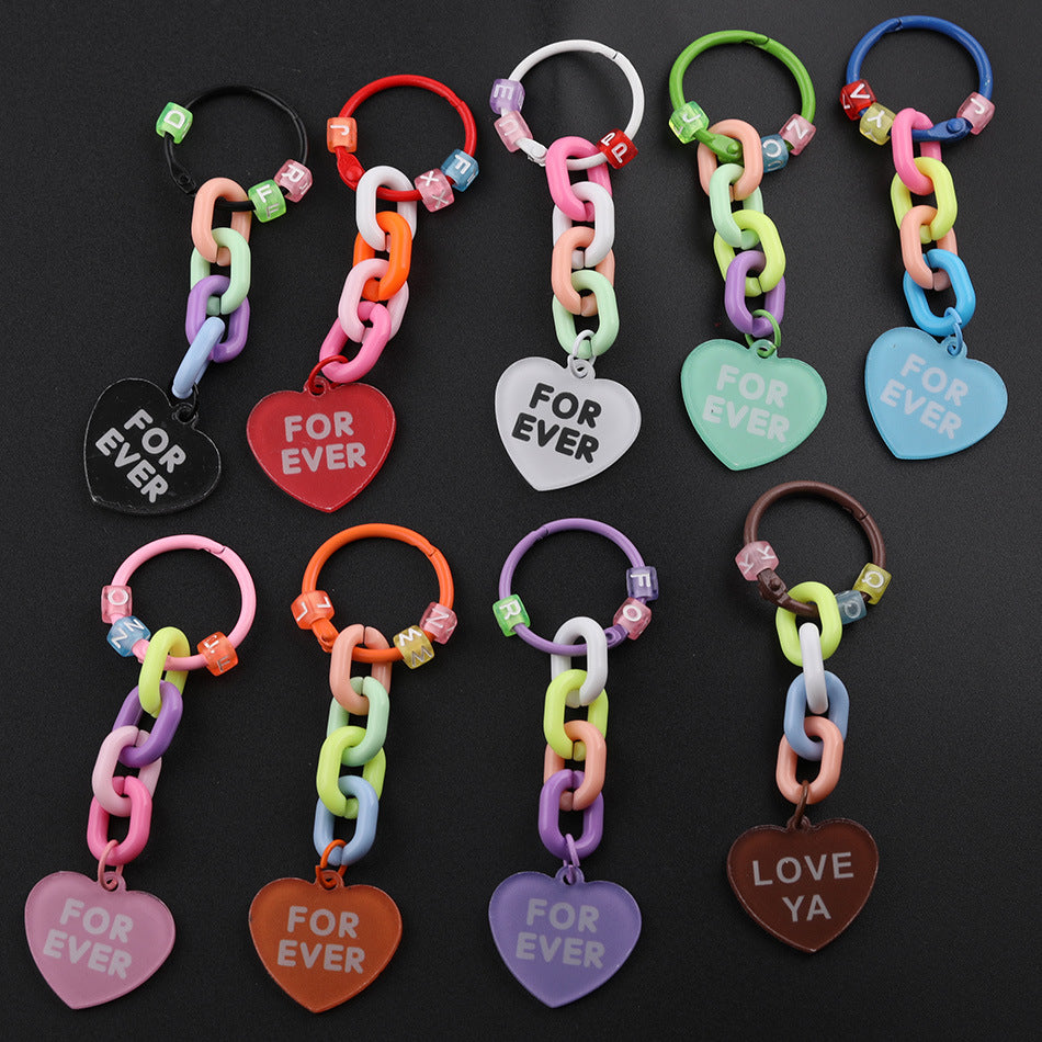 Cute Acrylic Chain Heart Charm Keychain Ring Accessory - Pink