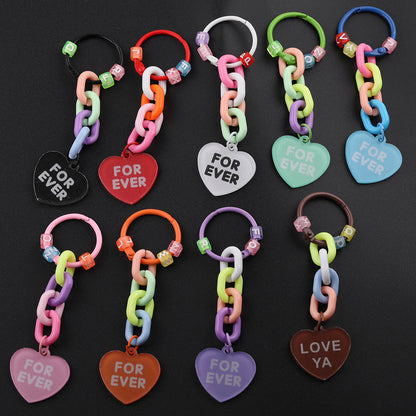 Cute Acrylic Chain Heart Charm Keychain Ring Accessory - Pink