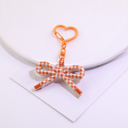 Cute Plaid Bow Resin Keychain Heart Ring Charm - blue