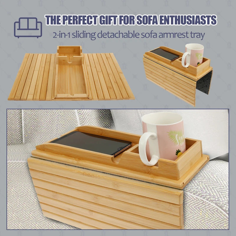Bamboo Wood Couch Cup Holder Sofa Armrest Tray