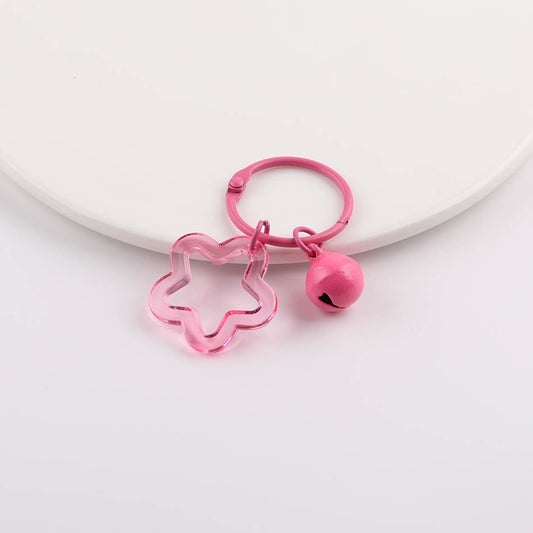 Transparent Star Flower Ring Bell Keychain Colorful Charm - Pink
