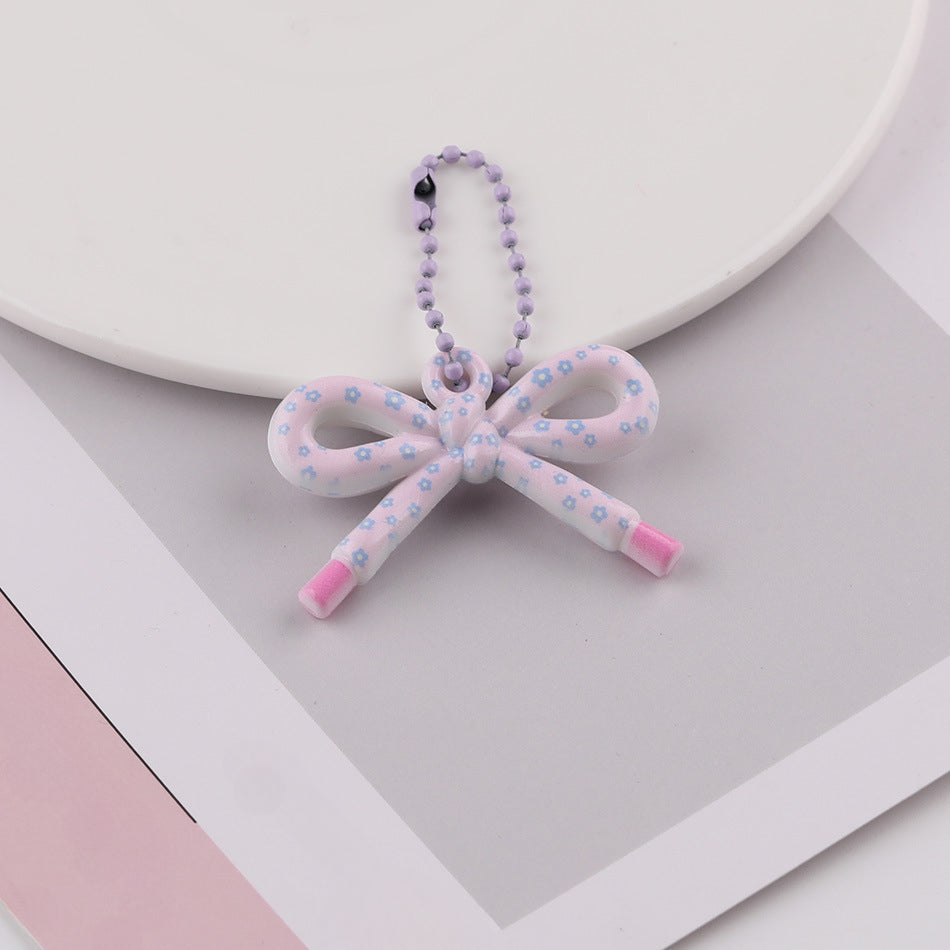 Cute Patterned Bow Charm Pendant Ball Chain Keychain - Beige