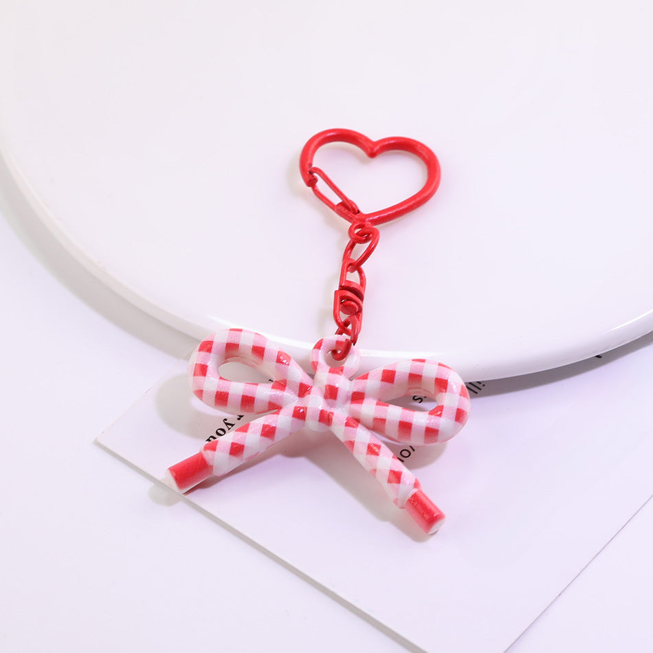 Cute Plaid Bow Resin Keychain Heart Ring Charm - Pink