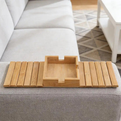 Wooden Couch Armrest Table with Built-In Cup Holder
