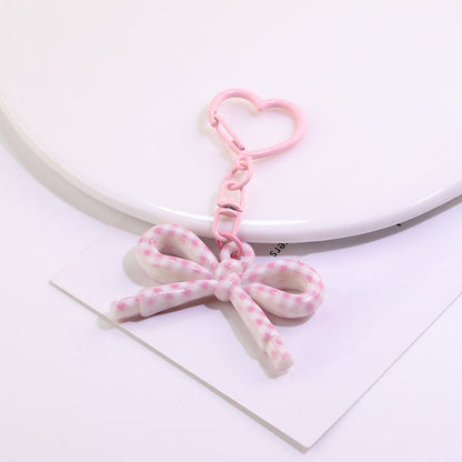 Cute Plaid Bow Resin Keychain Heart Ring Charm - B  Purple