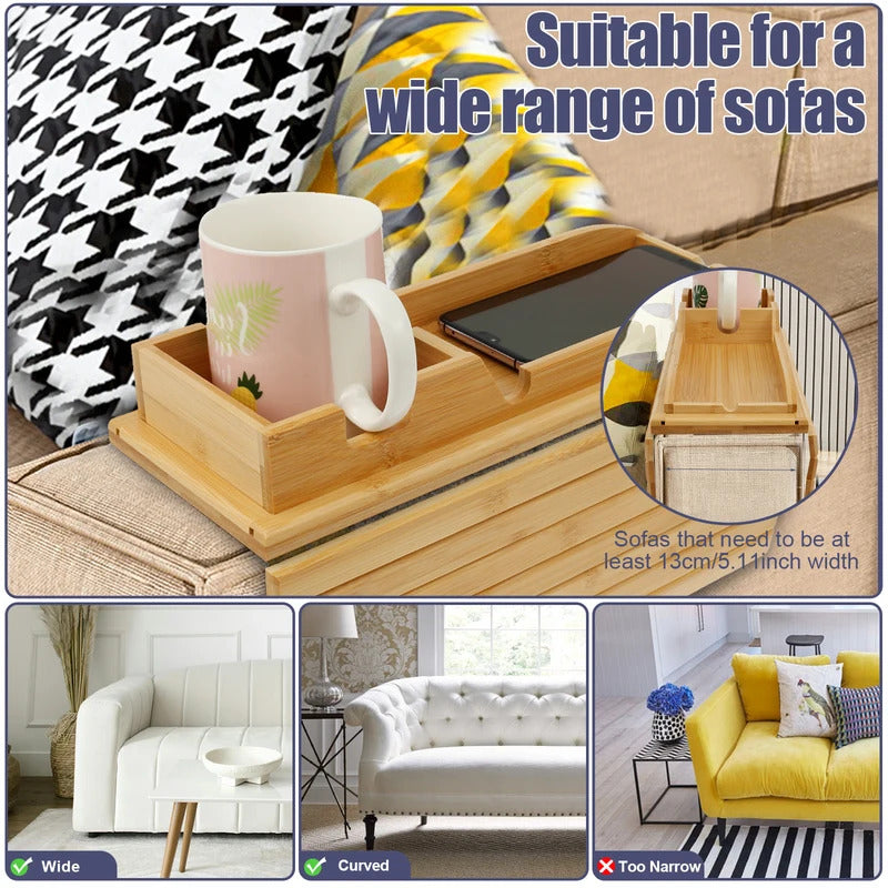 Bamboo Wood Couch Cup Holder Sofa Armrest Tray