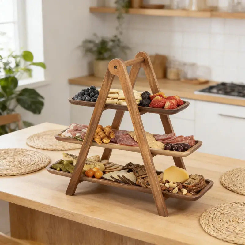 3 Tier Rectangle Wooden Plate Snack Serving Tray Stand