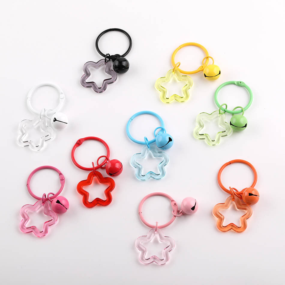 Transparent Star Flower Ring Bell Keychain Colorful Charm - Red