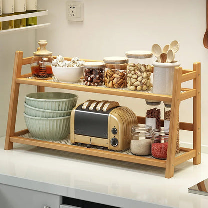 2 Layer Bamboo Spice Caddy Shelf Kitchen Storage Rack