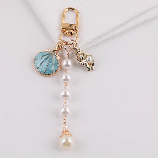 Ocean Shell Pearl Tassel Keychain Charm Bag Pendant - blue