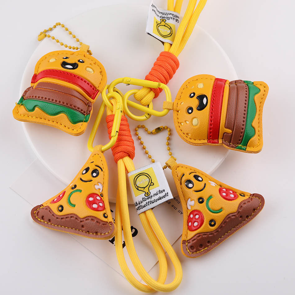 Handmade Leather Burger Pizza Food Charm Keychain - Type A Hamburger