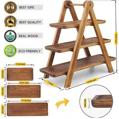 3 Tier Rectangle Wooden Plate Snack Serving Tray Stand