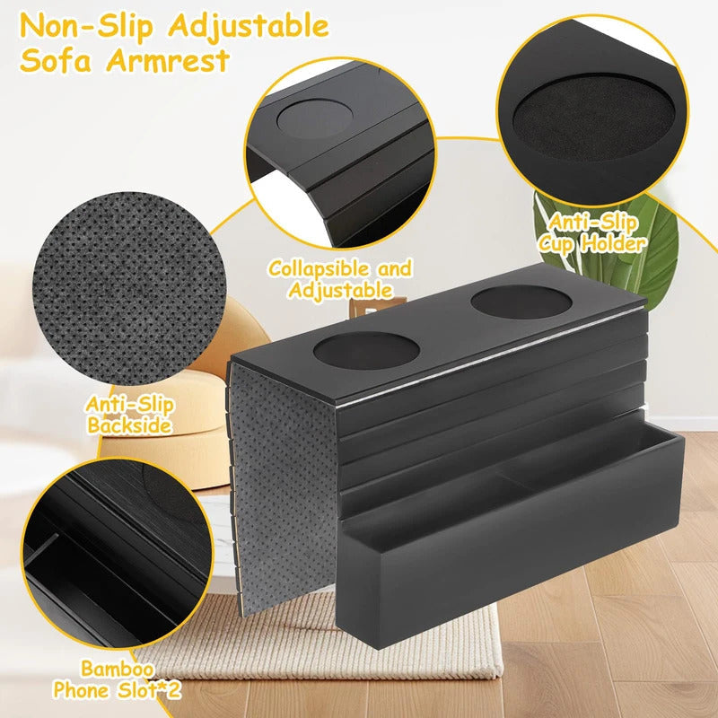 Bamboo Non-Slip Couch Arm Cup Holder Tray