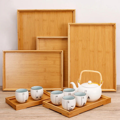Bamboo Wooden Rectangular Serving Tray for Tea and Cups