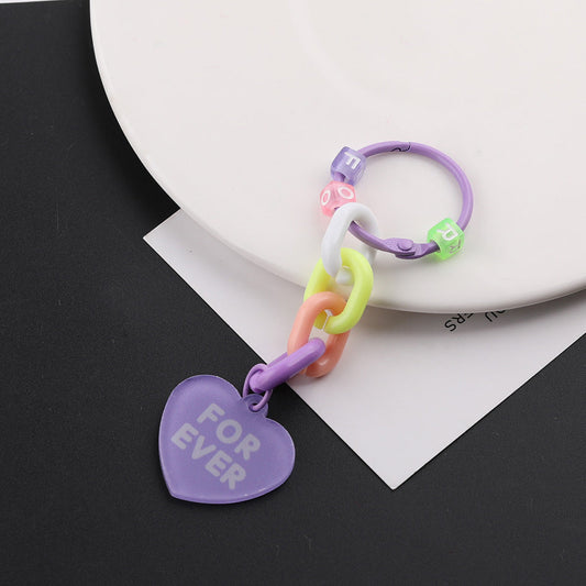 Cute Acrylic Chain Heart Charm Keychain Ring Accessory - Coffee color
