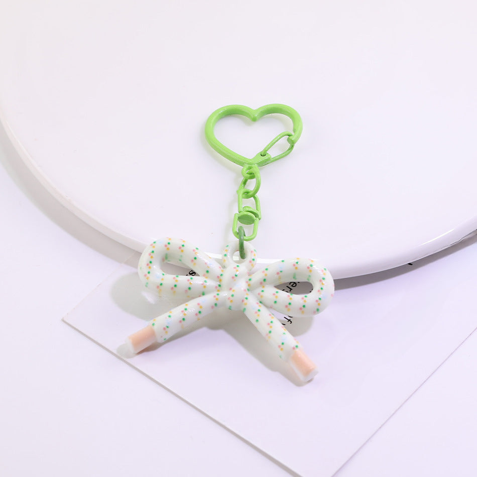 Cute Plaid Bow Resin Keychain Heart Ring Charm - Rose Red