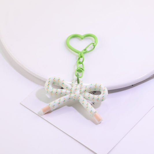 Cute Plaid Bow Resin Keychain Heart Ring Charm - Rose Red