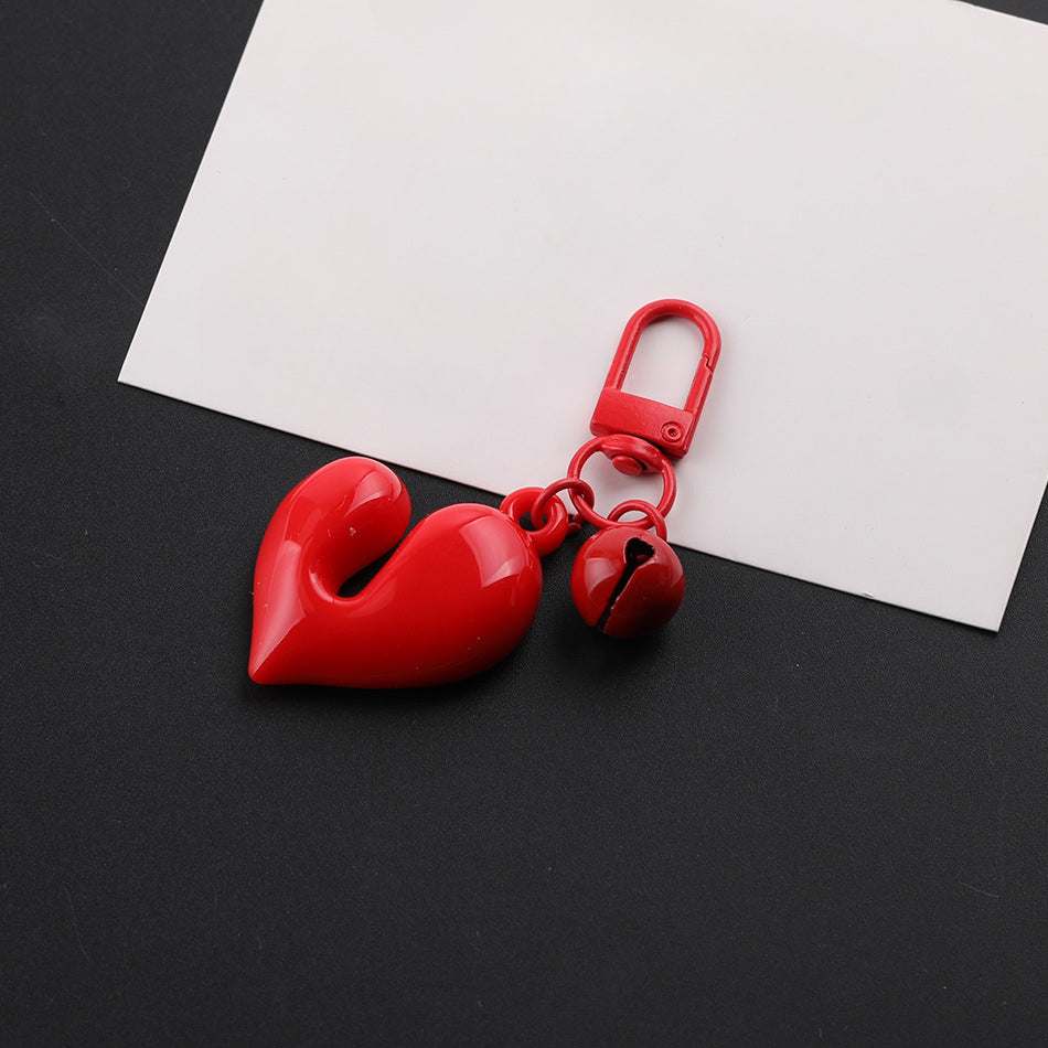 3D Glossy Heart Bell Keychain Charm DIY Bag Pendant - Rose Red