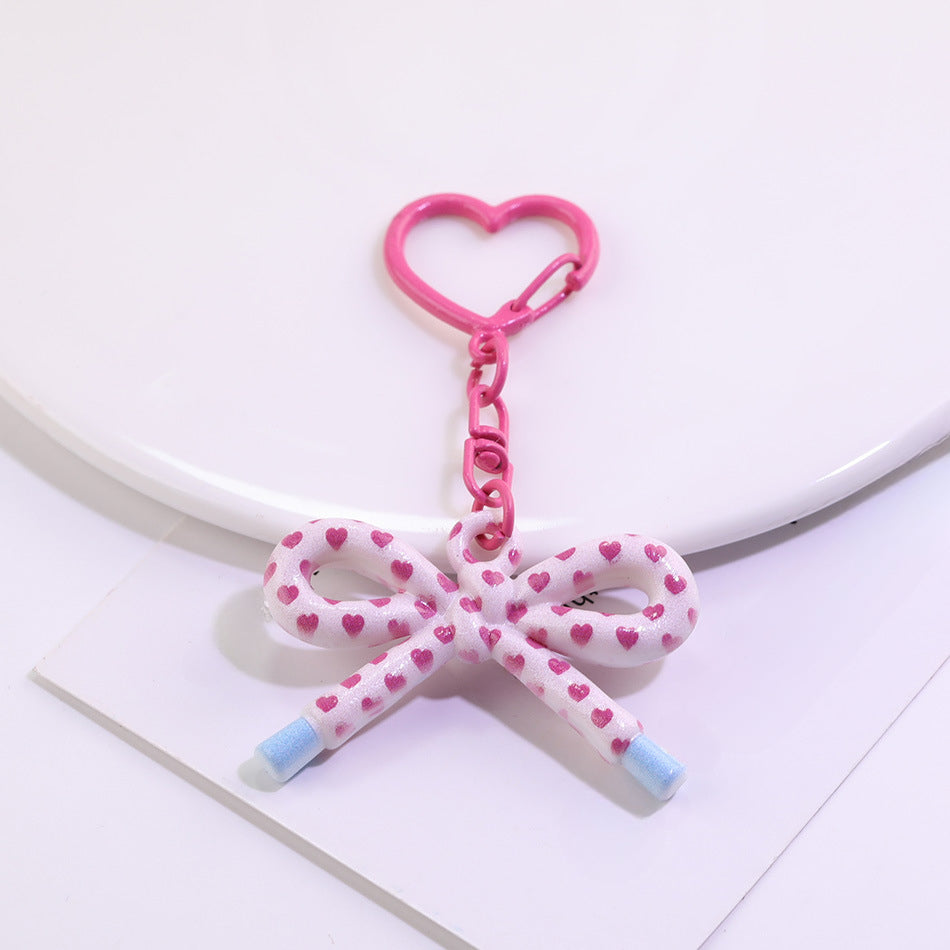Cute Plaid Bow Resin Keychain Heart Ring Charm - A  Purple
