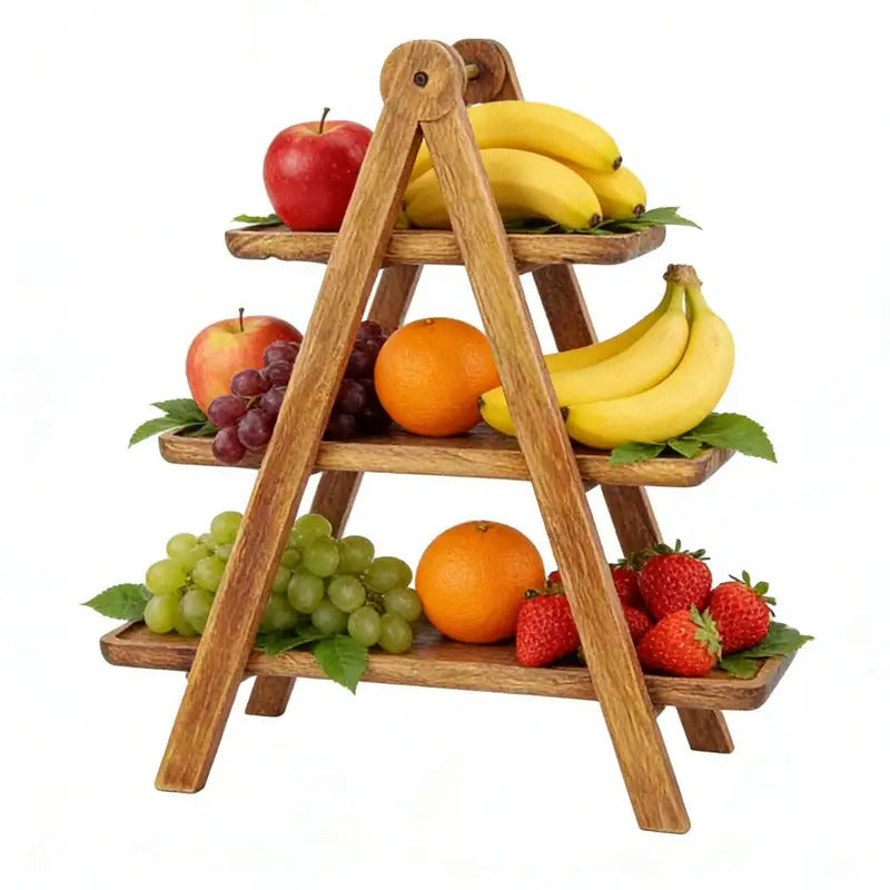 3 Tier Rectangle Wooden Plate Snack Serving Tray Stand