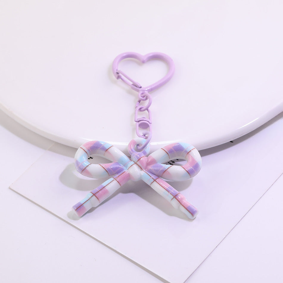 Cute Plaid Bow Resin Keychain Heart Ring Charm - Yellow