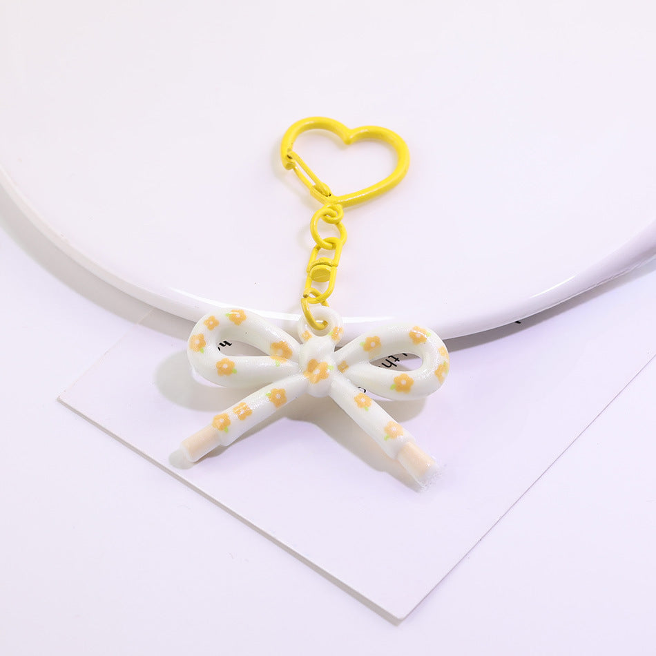 Cute Plaid Bow Resin Keychain Heart Ring Charm - Green
