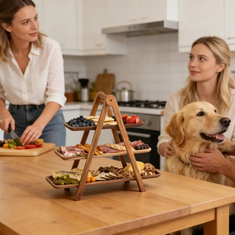 3 Tier Rectangle Wooden Plate Snack Serving Tray Stand