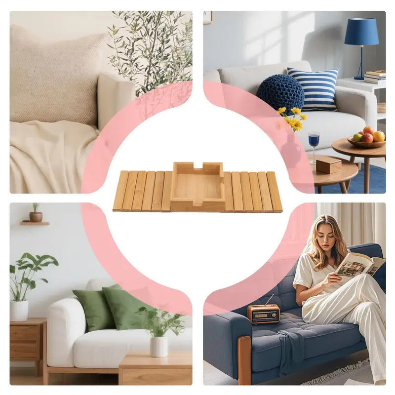 Wooden Couch Armrest Table with Built-In Cup Holder