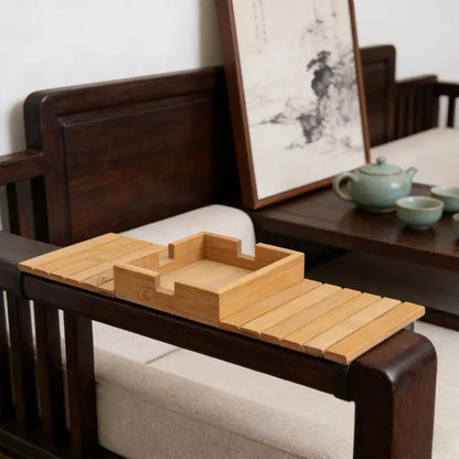 Wooden Couch Armrest Table with Built-In Cup Holder