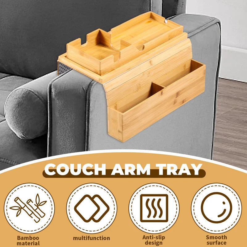 Bamboo Anti-Slip Couch Cup Holder Sofa Armrest Tray