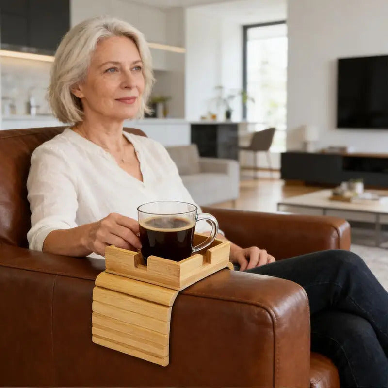 Wooden Couch Armrest Table with Built-In Cup Holder
