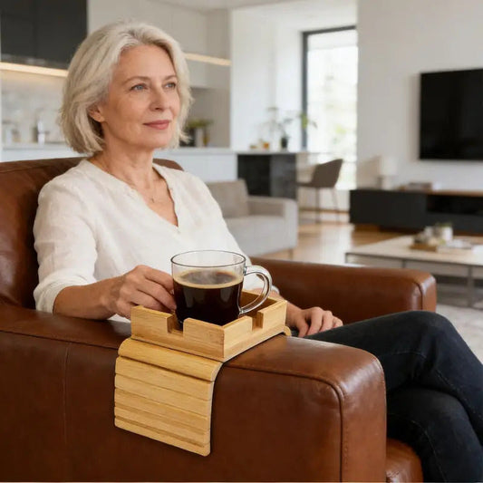 Wooden Couch Armrest Table with Built-In Cup Holder