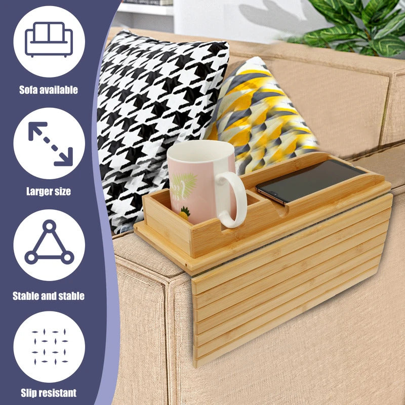 Bamboo Wood Couch Cup Holder Sofa Armrest Tray