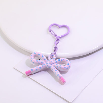 Cute Plaid Bow Resin Keychain Heart Ring Charm - Orange