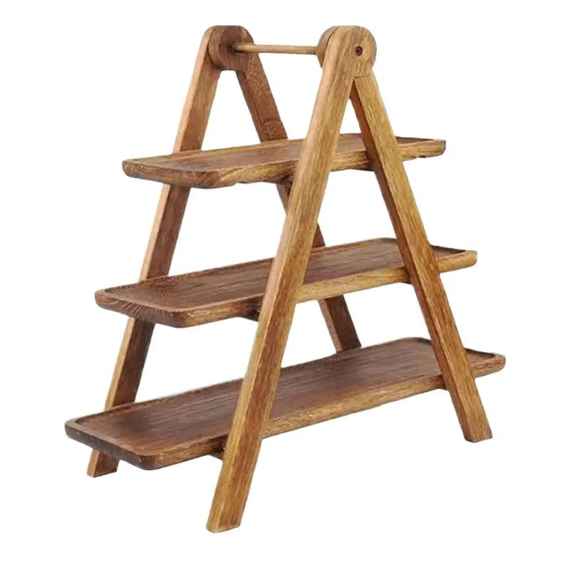 3 Tier Rectangle Wooden Plate Snack Serving Tray Stand