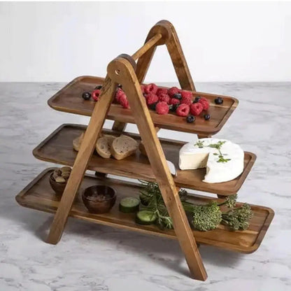 3 Tier Rectangle Wooden Plate Snack Serving Tray Stand