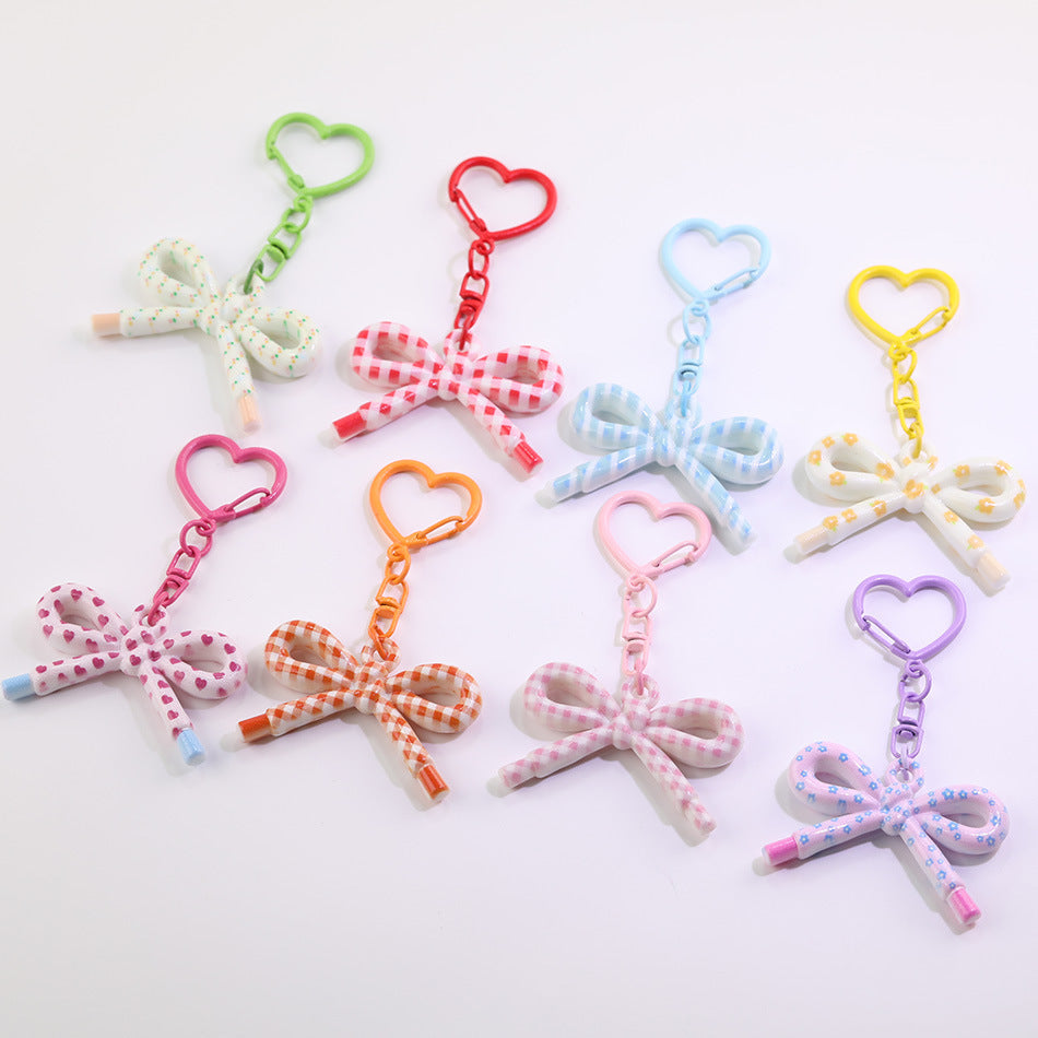 Cute Plaid Bow Resin Keychain Heart Ring Charm - Red